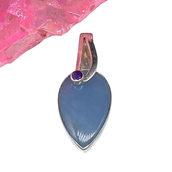 Hand Crafted Jewelry - Angelite & Amethyst Necklace Pendant Solid 925 Sterling Silver Blue Stone